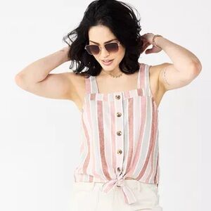 Sonoma Pink & Grey Stripe Linen Blend Tie Waist Button Up Thick Strap Tank XXL